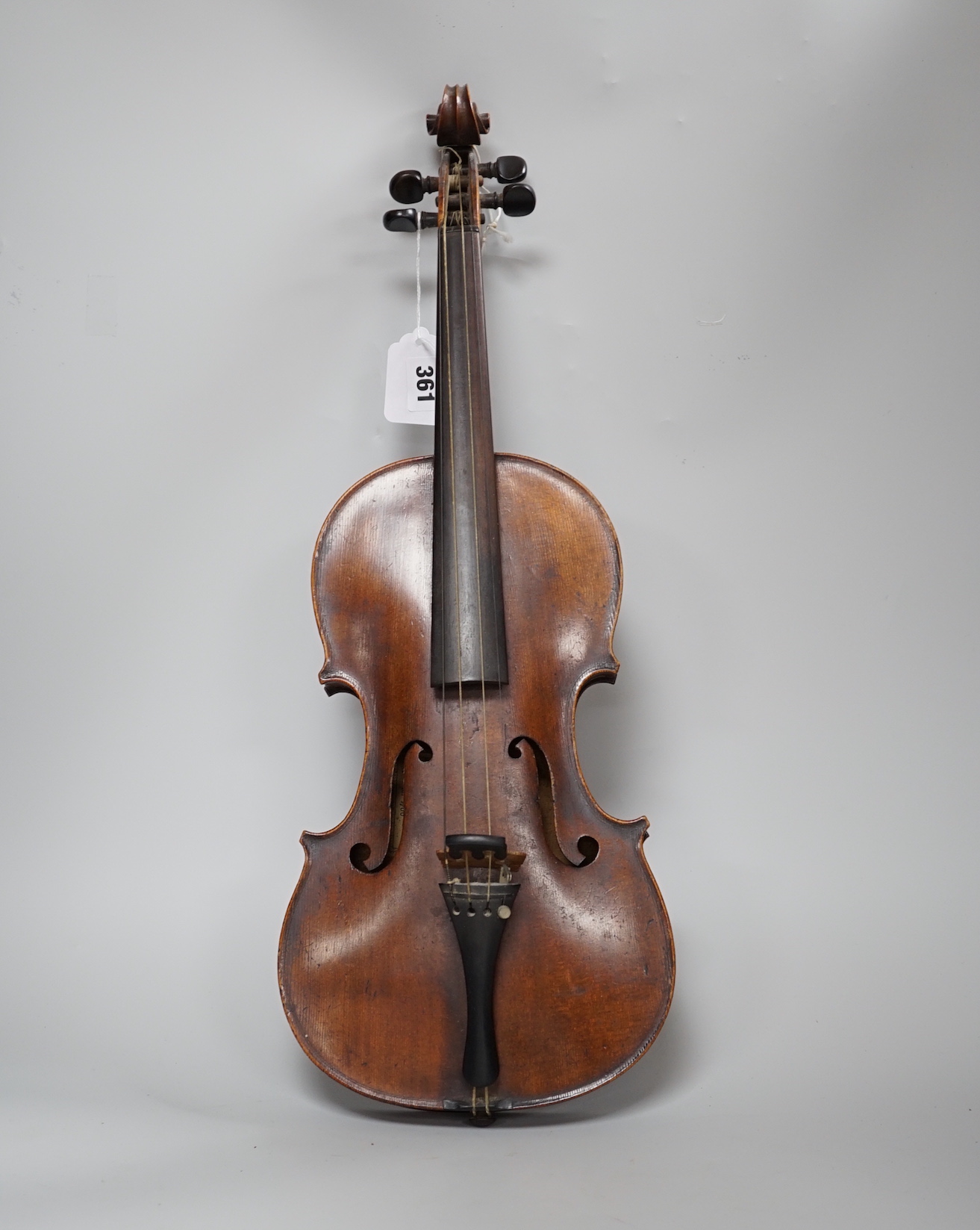 A Saxony violin, interior label reads ‘Sebastian Lloz An 1700’, back measures 36cm